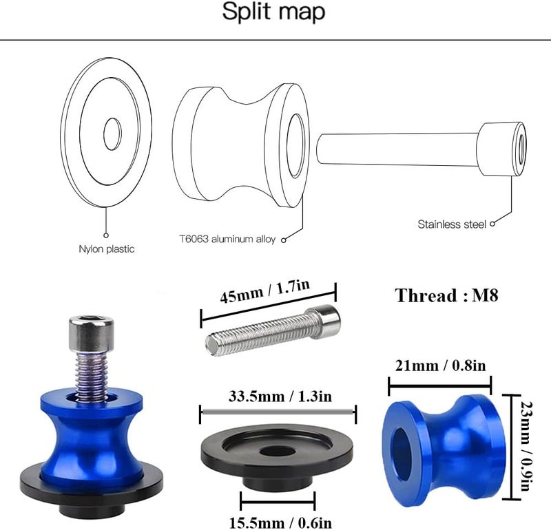 FREAXLL 2pcs M8*1.5 Motorcycle Swing Arm Sliders Spools 8mm for Suzuki GSXR 600 750 1992-2024 GSX-R 1000 2001-2024 GSXS 600 750 1000 GSX-8R GSX-8S 2023 -Blue - Image 4